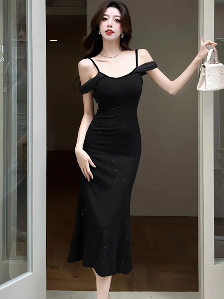 ฤดูร้อนถักเก๋ตาข่ายสลิงชุดคลับเซ็กซี่ผู้หญิงเกาหลี Vintage Hepburn พรหมชุด 2025 Elegant Bodycon ชุดราตรี