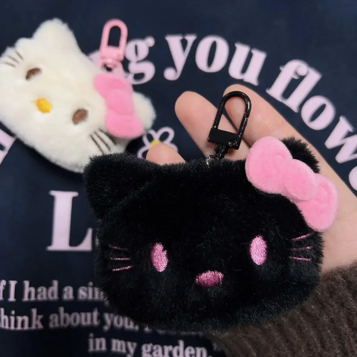 Sanrio Cute Black Hellokitty Plush Pendants Cartoon Couple Keychain Soft Stuffed Keyrings Cute Backpack Accessories Kids Gifts