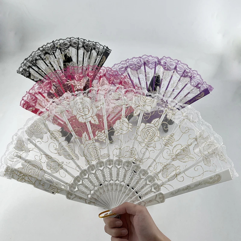 4 Colors For Choice Rose Lace Hand Fans Performance Costumes Accessory Props Girls Ladies Stage Dance Props Glow Fan