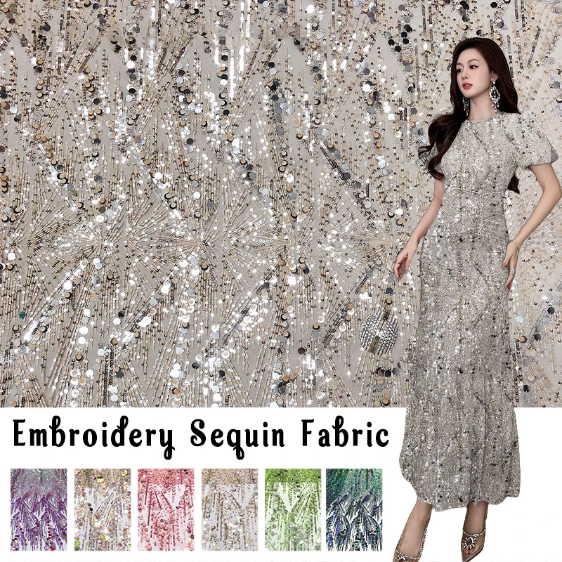 1 Yard Sequin Embroidered Mesh Lace Fabric Heavily Decorated with Glitter for Women Dress Top Jacket Diy Fashion Sewing
