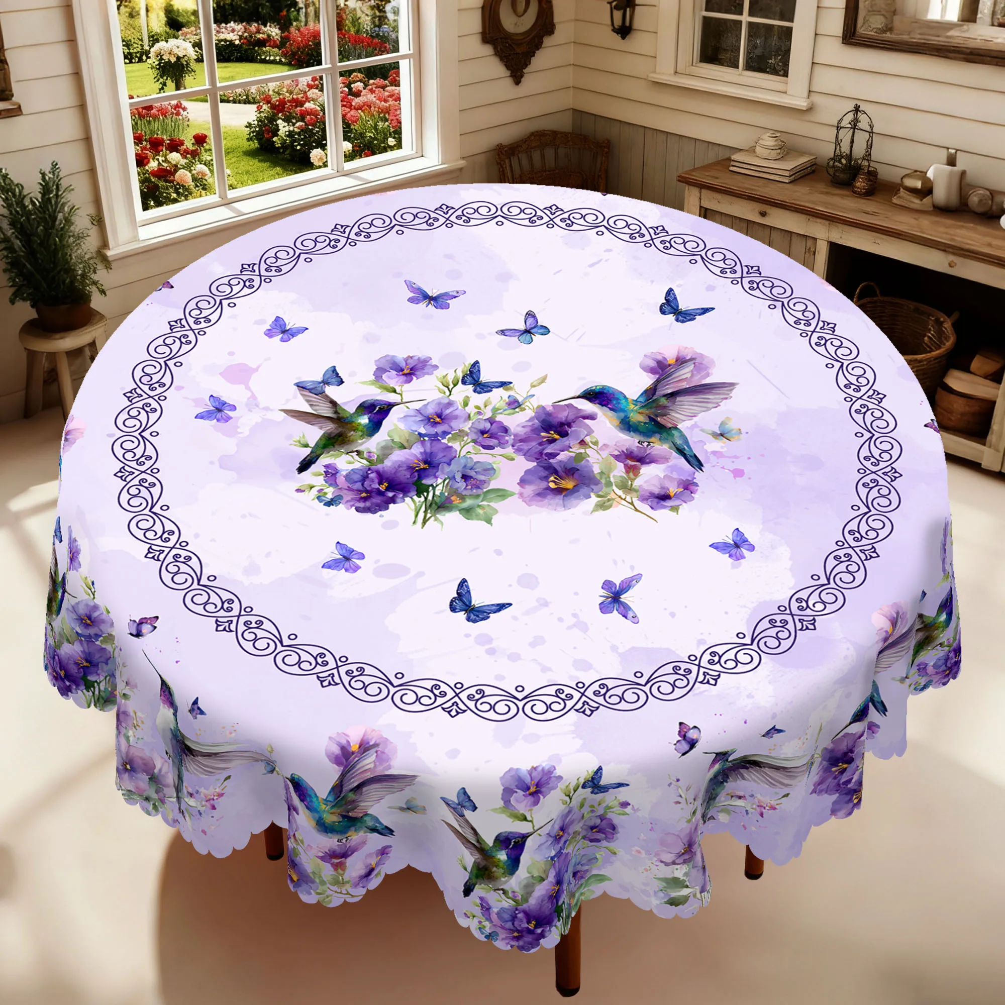 1 Piece of Dreamy Purple Iris Print Round and Rectangular Tablecloth, Available in Various Sizes, with Light Purple Watercolor Blends and Vibrant Hummingbirds Interwoven, Paired with a Tablecloth Featuring Fluttering Butterflies and Blooming Iris Prints, with Embossed Edges, Suitable for Use in Home Dining Rooms, Patio Gardens, Spring Home Decor, and Seasonal Ambiance Decoration