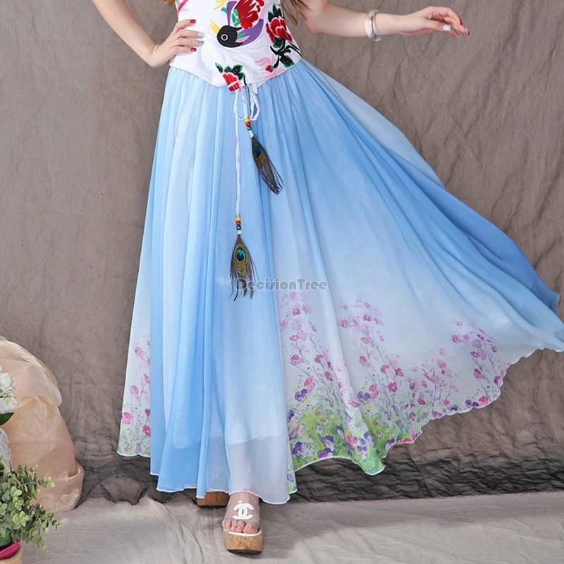 

2025 new chinese ethnic style summer chiffon long skirt large swing floral printed featuring elastic waist loose half skirt t001