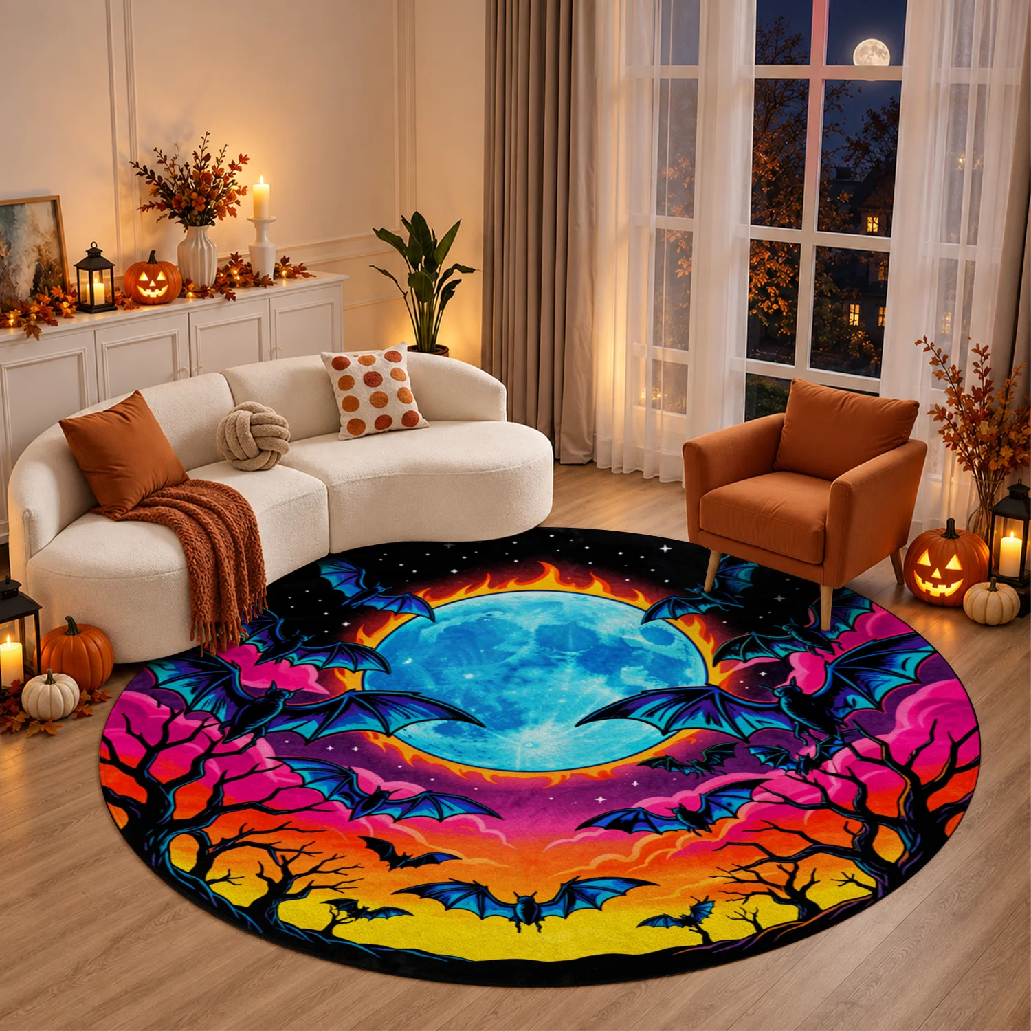 Vibrant Bat Moon Galaxy Print Round Velvet Rug, Machine Washable Soft Area Rug, Suitable for Living Room, Bedroom, Entryway, Perfect for Halloween, Thanksgiving, Christmas, Black Friday, Cyber Monday, New Year Home Decor