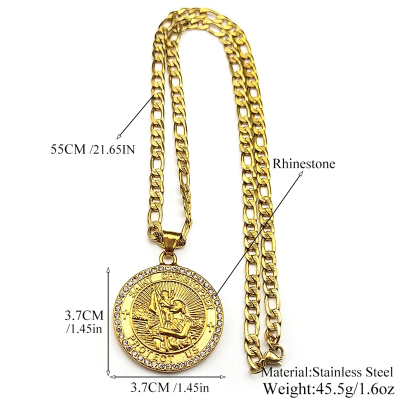 ST.Christopher Protect Us Medal Rhinestones Necklace Saint Christopher Stainless Steel Gold Color Christian Man Chain Jewelry view 6