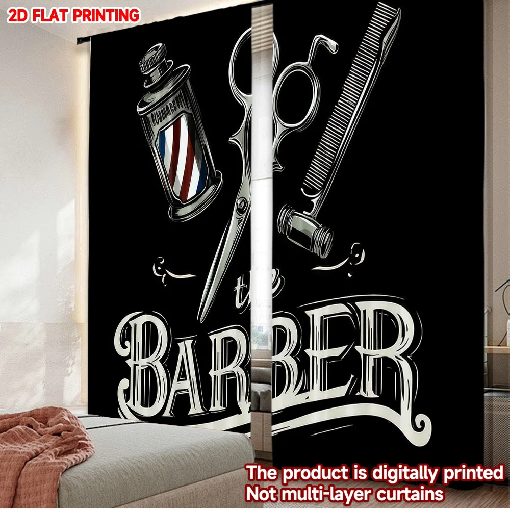 Cortinas de poliéster con diseño de herramientas de barbería, impresas digitalmente en 2D, 2 piezas, para fiestas de cumpleaños y cabinas de fotos