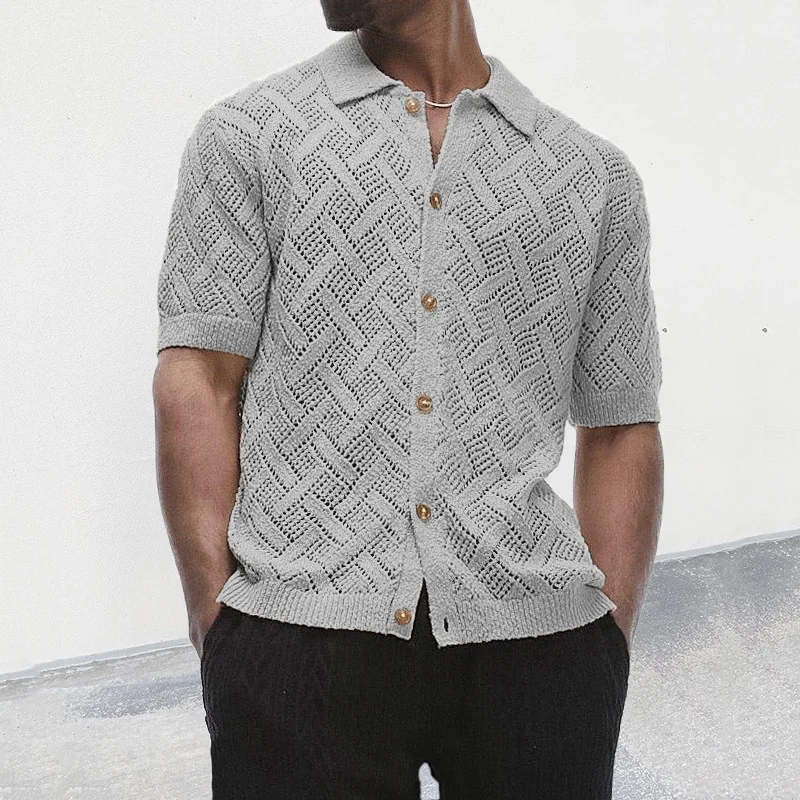 

Summer Knitted Sweater Men's Polo Collar Short-sleeved Hollow Cardigan New Muscle Men's Clothing