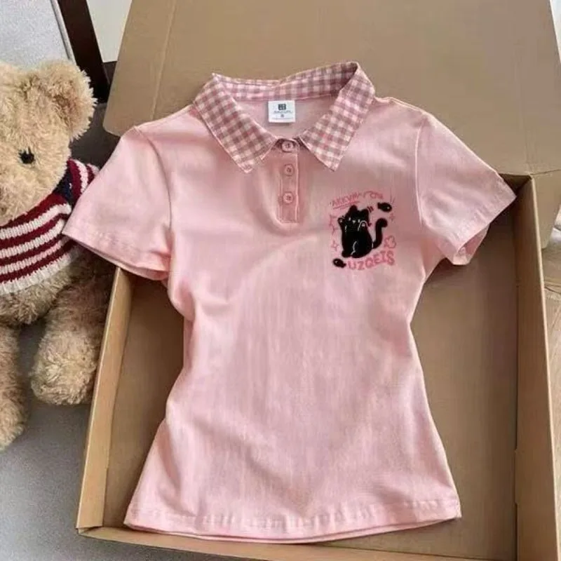 

Японская милая футболка с принтом лолиты и милым мультяшным котом для девочек Harajuku, клетчатые топы-поло с воротником-поло, кавайные топы, женские эстетические футболки Y2k Fairy