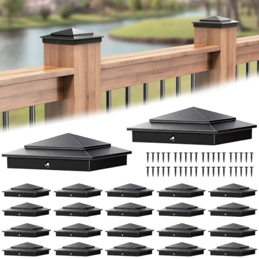

Pack Aluminum 4x4 Post Caps for Deck Railing Actual 3.5" x 3.5",Fence Post Caps with Screws, Black Pyramid Deck Posts Cap for W