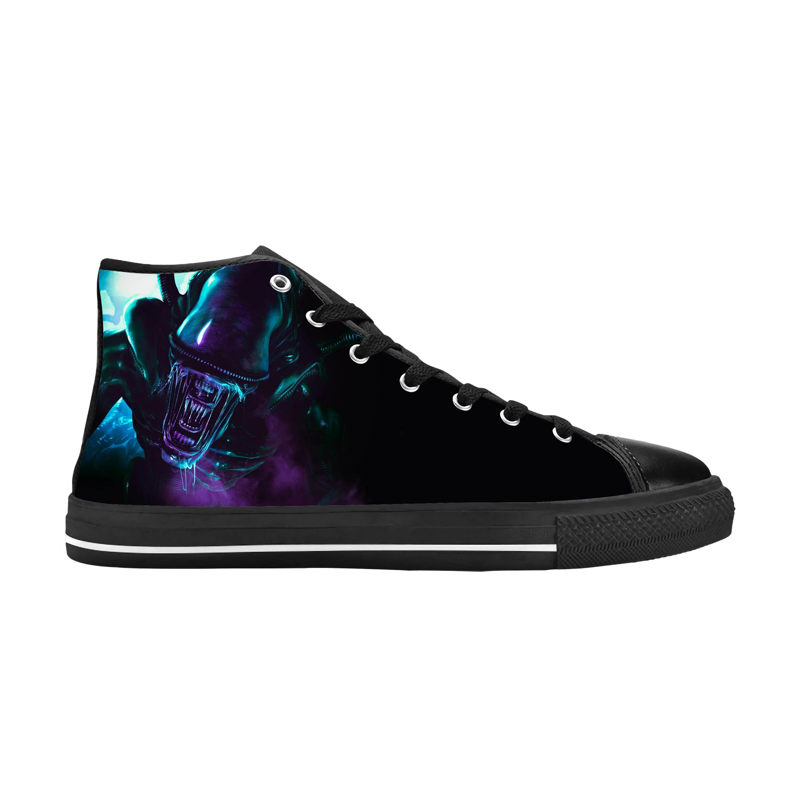 Xenomorph-Halloween Casual Sapatos de Pano Respirável para Homens e Mulheres, Terror Alienígena, Assustador, Gótico, Top Alto, Confortável, Impressão 3D, Quente