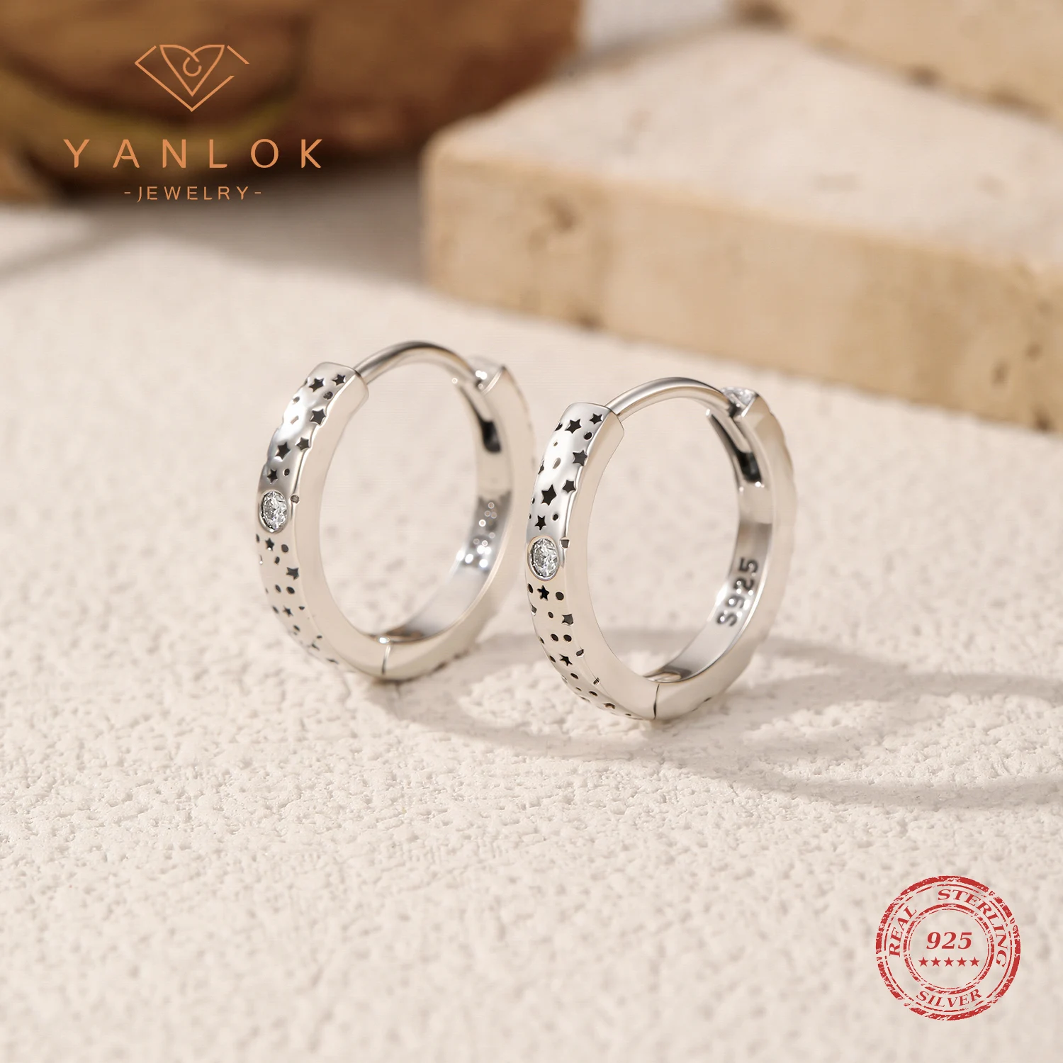 YANLOK 925 Sterling Silver Vintage Hollow Geometric Stars Moissanite Hoop Earrings For Women Daily Fine Jewelry