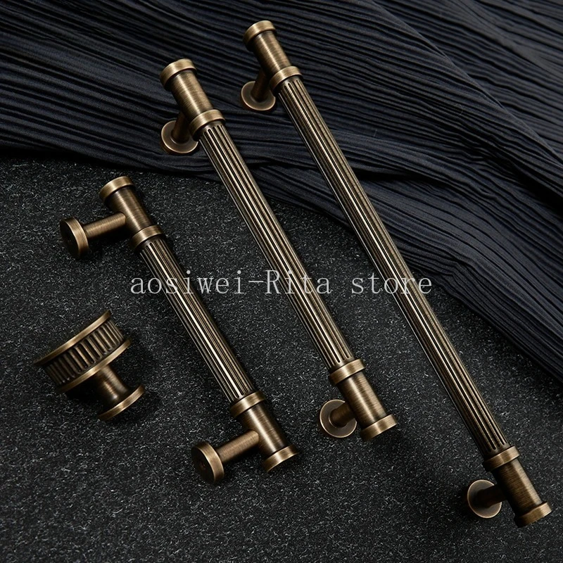 Retro American Bronze Brass Kitchen Drawer Handles Vertical Texture Cabinet Knob American Cupboard Pulls Furniture Hardware