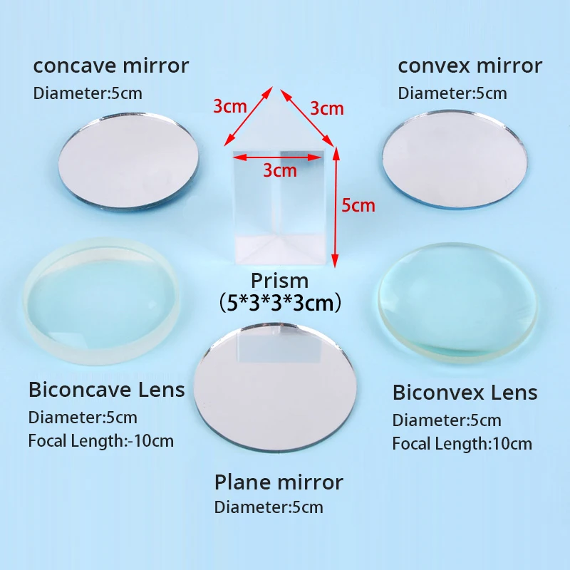 Optical Lens Set 6 PCS Concave Convex Lens mirror triangular prism Physical Optical Kit for Students School Lab Experiment