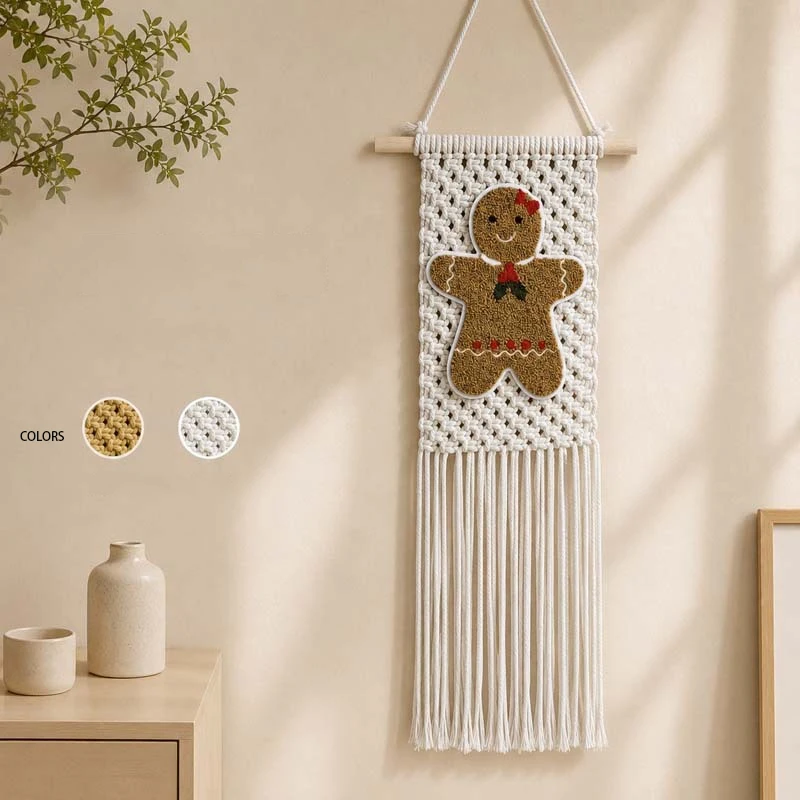 Handwoven Christmas Tapestry with Gingerbread Man Boho Macrame Wall Hanging Xmas Tree Fringe Decor Holiday Home Room Wall Art