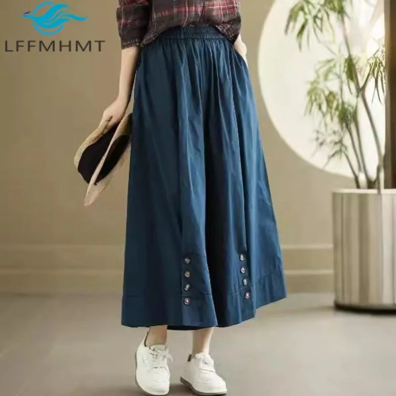 Korea Style Solid Color Elastic Waist Women's Wide Leg Cropped Pants Chic Button Decoration Female Atumn Casual OL Skirt Trouser