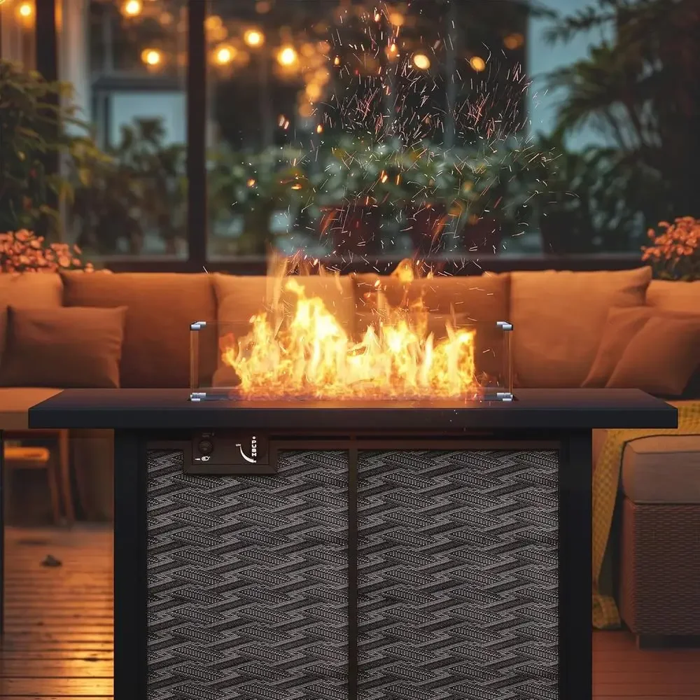 43 Outdoor Gas Fire Pit Table with 50,000 BTU, 2-in-1 Texteline Table, Removable Lid for Patio and Garden