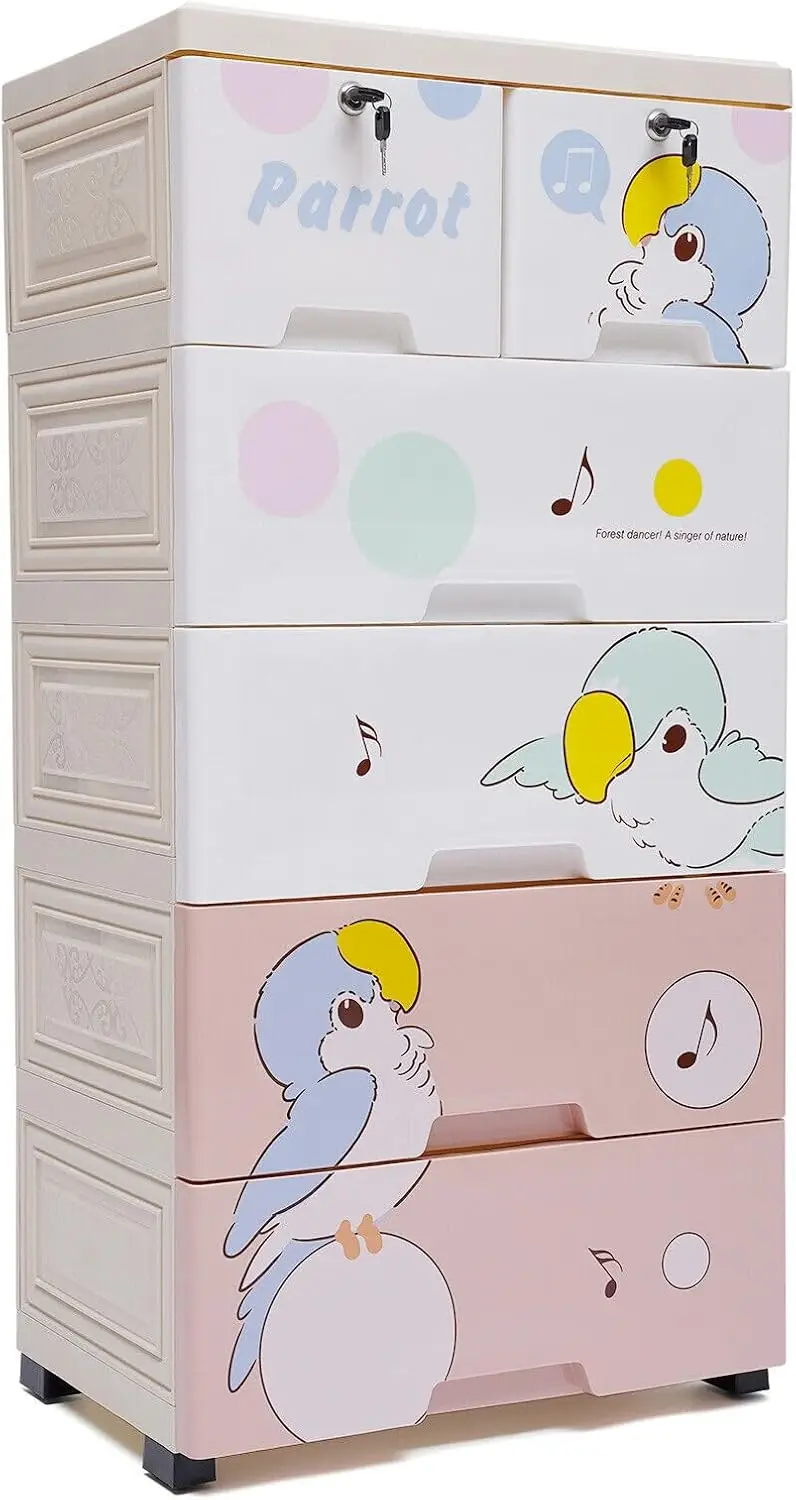 Storage Cabinet, 5 Layers & 6 Plastic Drawer w/Lock, Kids Dresser w/Wheel, Multi-Color Rectangular Clothes Cabinet Drawer for Li