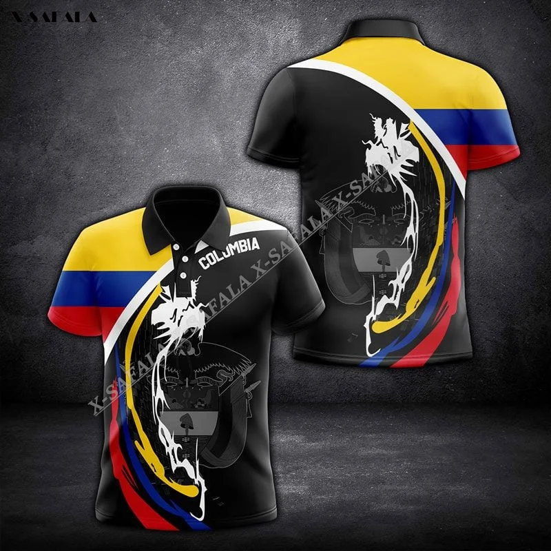 Love Colombia Textize Waves  Flag 3D Print Men Adult Polo Shirt Collar Short Sleeve Top Tee Breathable Business Party Sporty