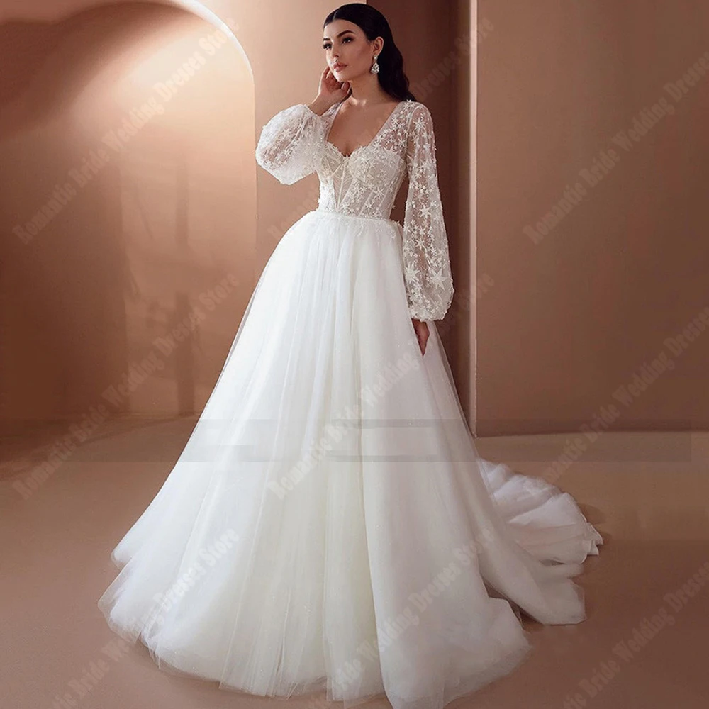 Robe de mariée sexy en tulle à col en V pour femmes, robes de mariée A-Line personnalisées, grande taille, robe de soirée populaire, 2025