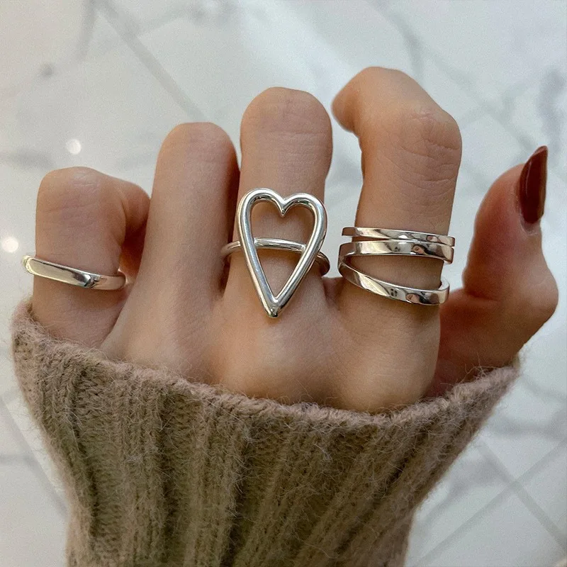 

PANJBJ 925 Sterling Silve Love Heart Hollowed Out Ring for Women Girl Party Gift Sweet Three Layer Cool Jewelry Dropshipping