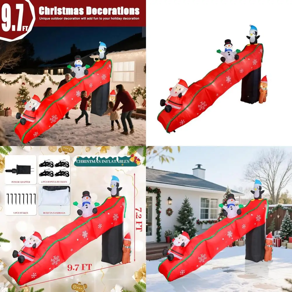 

Гигантская анимированная рождественская горка 9,7 фута с Санта-Клаусом, снеговиком, пингвином и пряничным человечком - украшение для уличного газона со светодиодной подсветкой