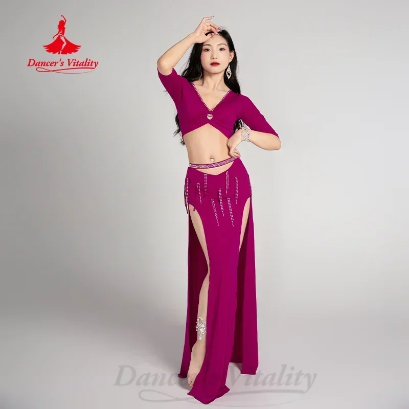 Terno de treinamento de dança do ventre com decote em v meia manga superior + saia longa dividida sexy 2 peças roupas de prática profissional de dança oriental feminina