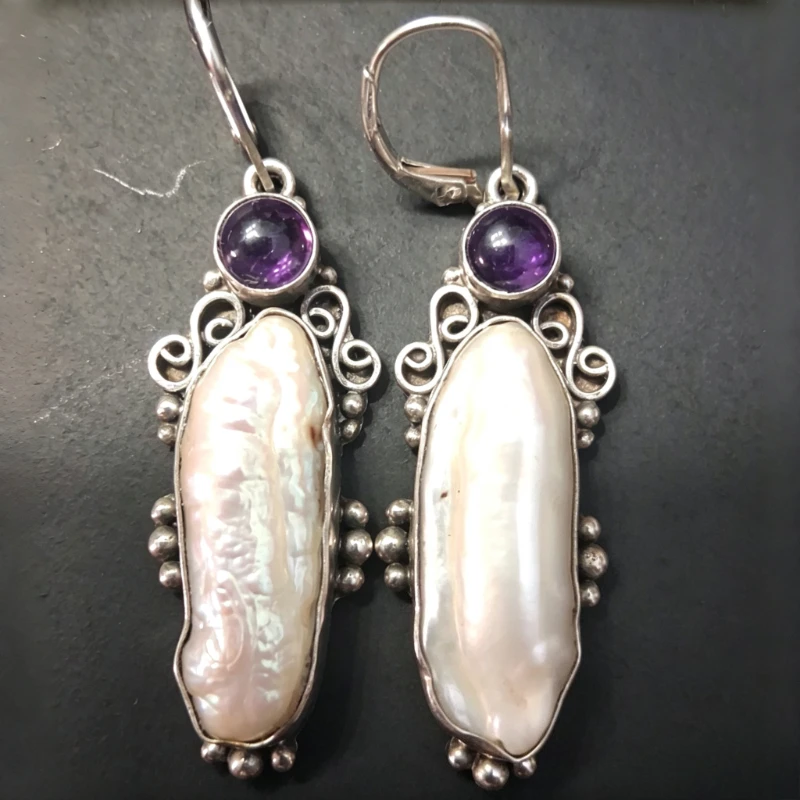 Vintage Luxus Imitation Barock-Perlen Synthetischer Amethyst Tropfen-Ohrringe Eleganter Prächtiger Bankett-Festival-Schmuck für Damen