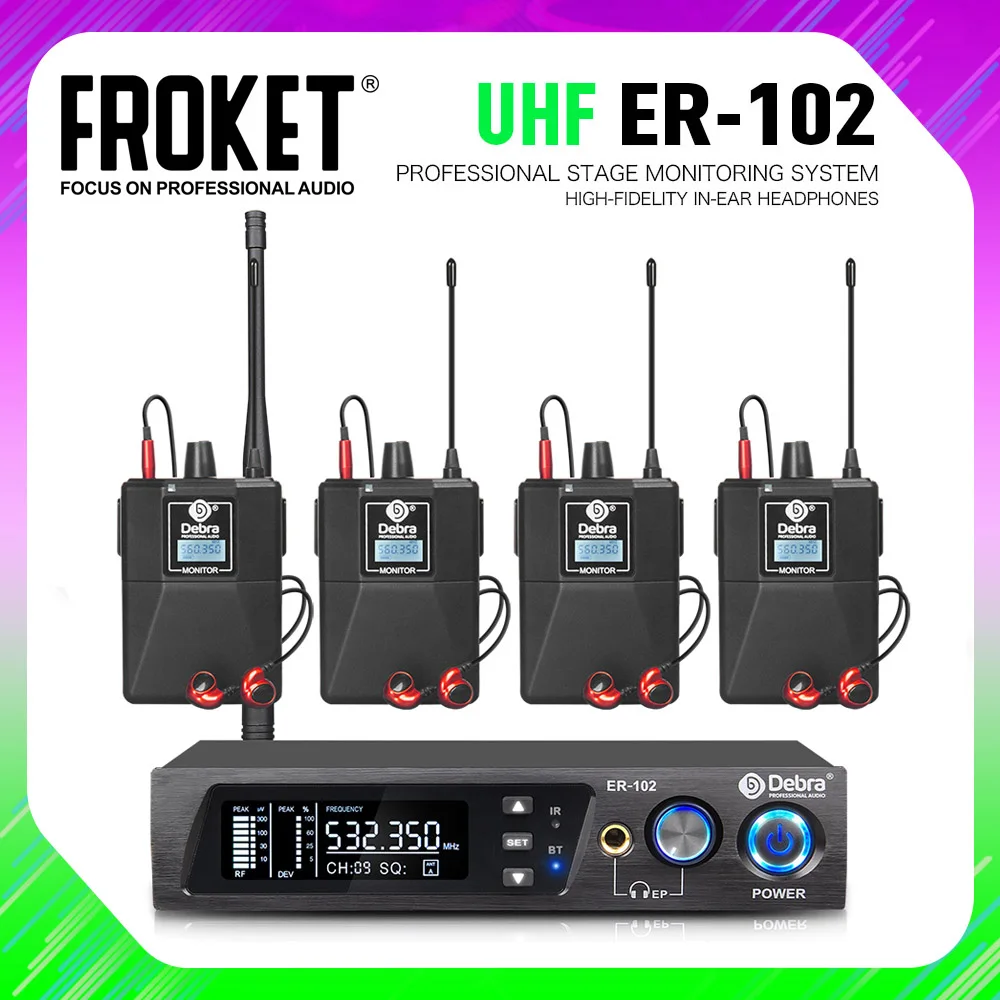 FROKET UHF Wireless In-Ear Monitoring System ER-102 with bluetooth5.0 for Stage Performance,Recording,Band,Drummer,Church speech