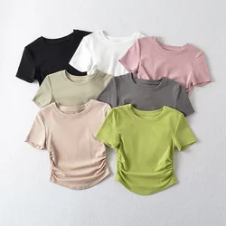 2024 Harajuku Women Crew Neck Short Sleeve Cotton Tee With Ruched Sides Detail T-shirts