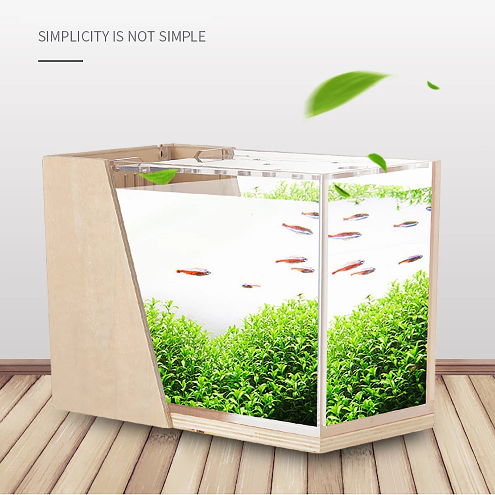 Wood Color Acrylic Fish Tank Desktop Fish Tank Small Creative Office Aquarium Micro Fish Tank with Side Filter and Water Pump