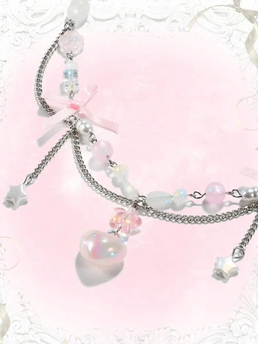 

Cute Heart Star Bowknot Pendant Necklace For Women Romantic Kawaii Style