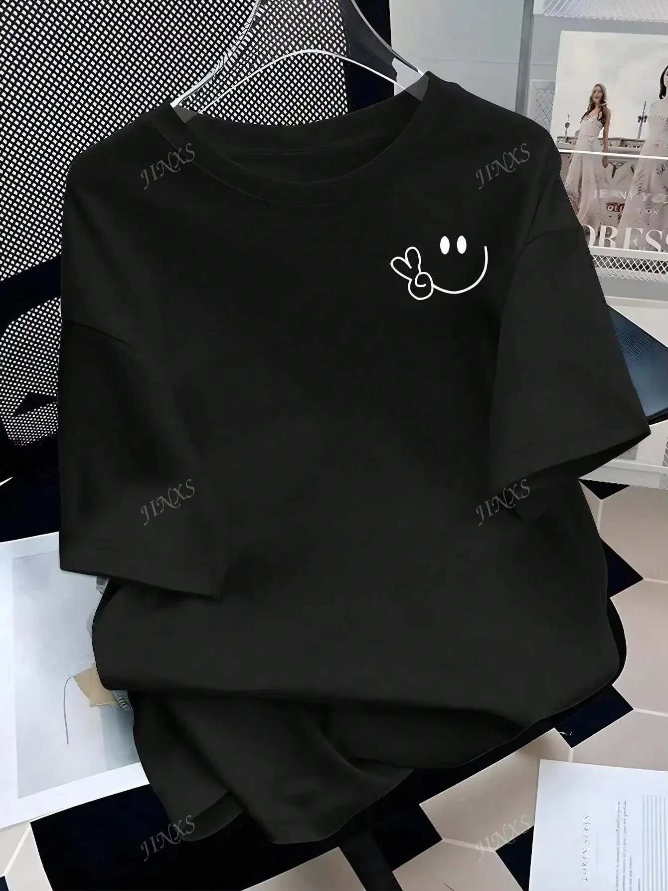 Short Sleeve Round Neck Tops Stylish Tee with Adorable Smile and Peace Sign Design Ideal for Curvy Ladies Into Playful Fashion