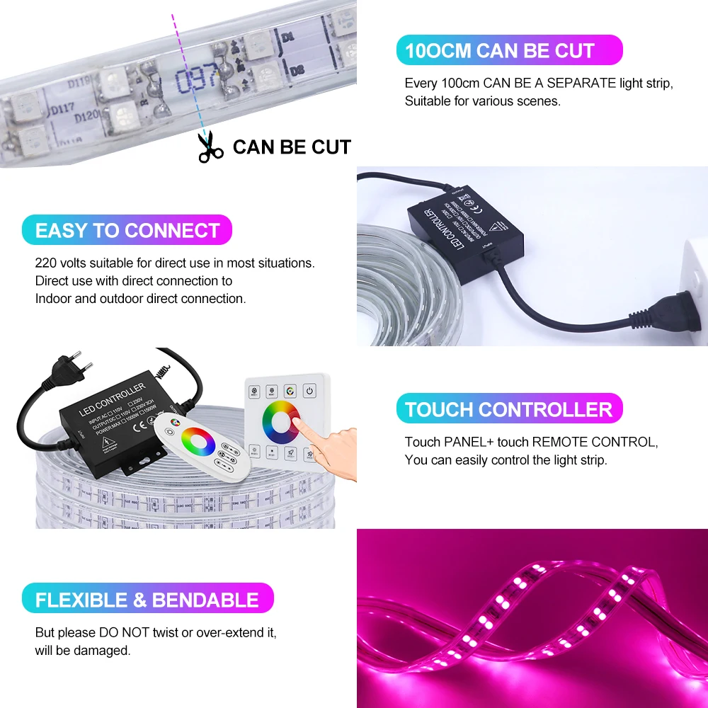 120LED/M AC 220V RGB LED Strip impermeabile con Touch Remote SMD 5050 Garden Bedroon Kitchen Decor nastro flessibile luci