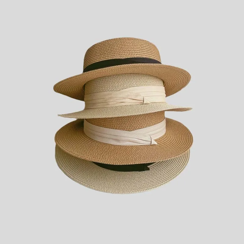 New Arrived Summer Flat Roof Straw Panama Hat French Style Vacation Wide Brim Sunshade Straw Hat Outdoor Sea Beach Women's Sun C