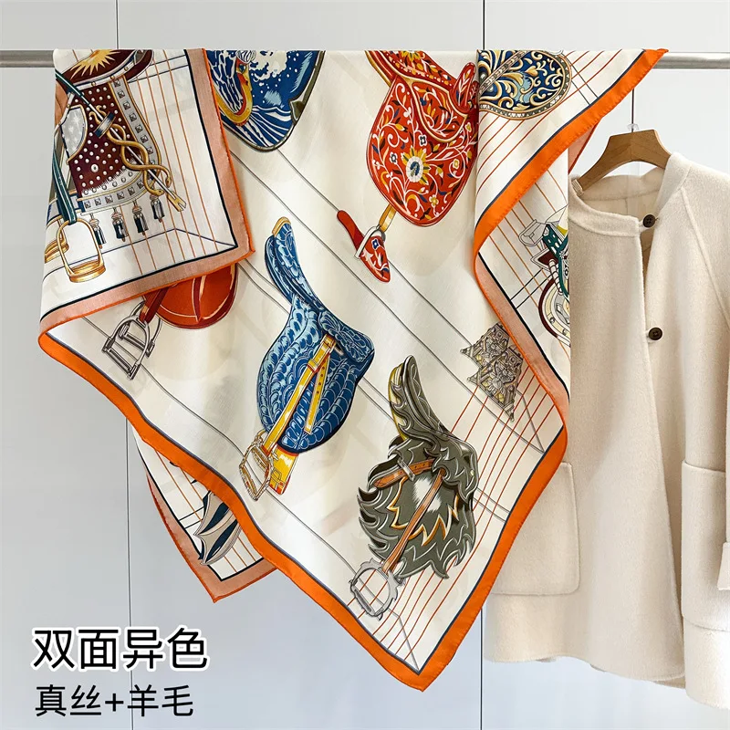 Light luxury saddle world silk wool square scarf double-sided heterochrome handmade curling fashion shawl scarf