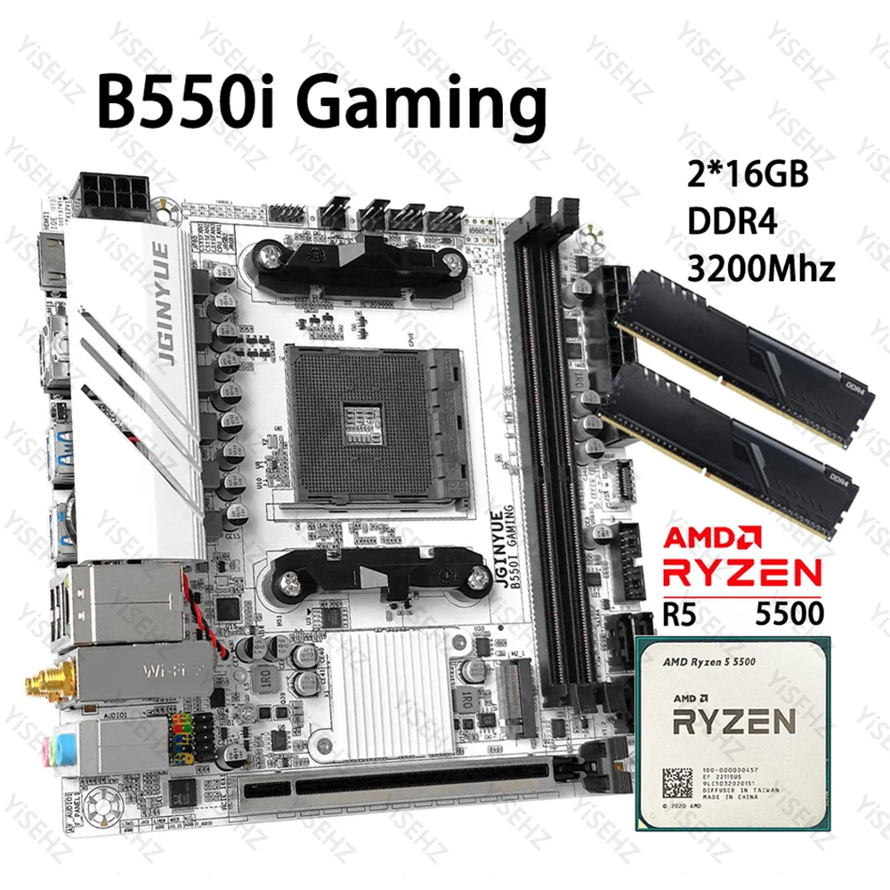 JGINYUE B550 Motherboard Set With Ryzen R5 5500 Processors 2*16GB=32GB 3200Mhz DDR4 RAM PCI-E 4.0 B550i GAMING AM4 Mini ITX