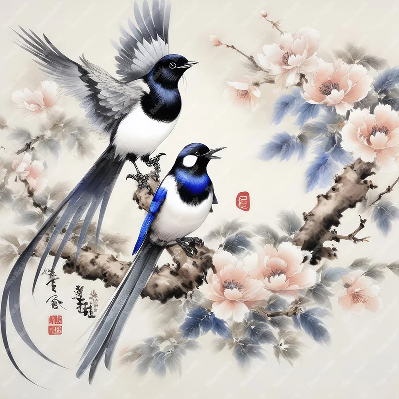 Three Ratels Classic Chinese Peony and Magpie art wall sticker for home Decoration