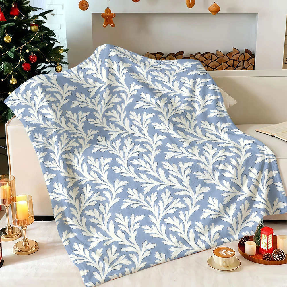 Dusty Blue Botanical Fern Flannel Blanket Soft Fuzzy Plush Cozy Warm Throw for Sofa Bed Couch Home Decor