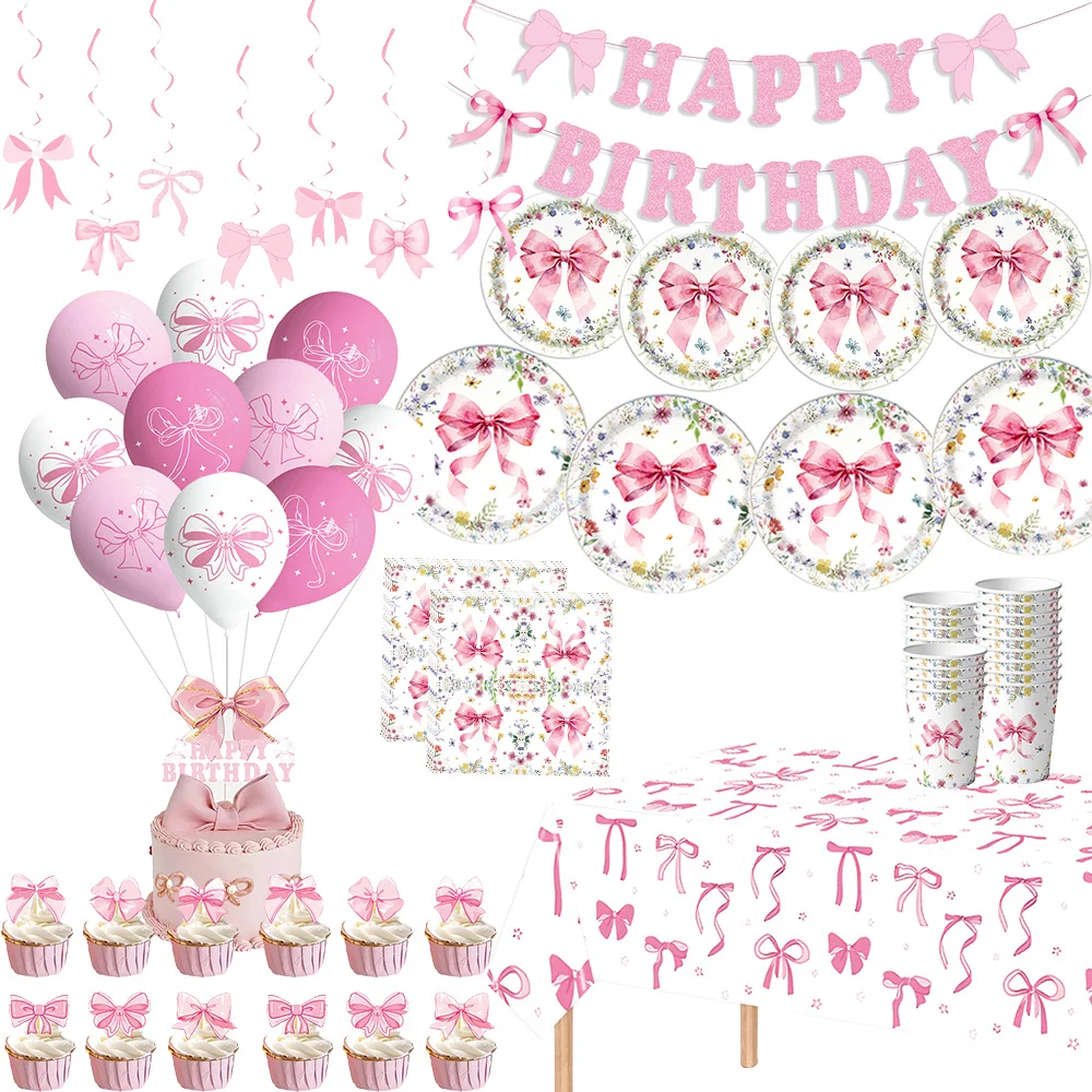 Pink Bow Girls Birthday Decoration Plates Napkins Cups Table Cloth Balloons Banner Cake Decoration Party Supplies Baby Shower