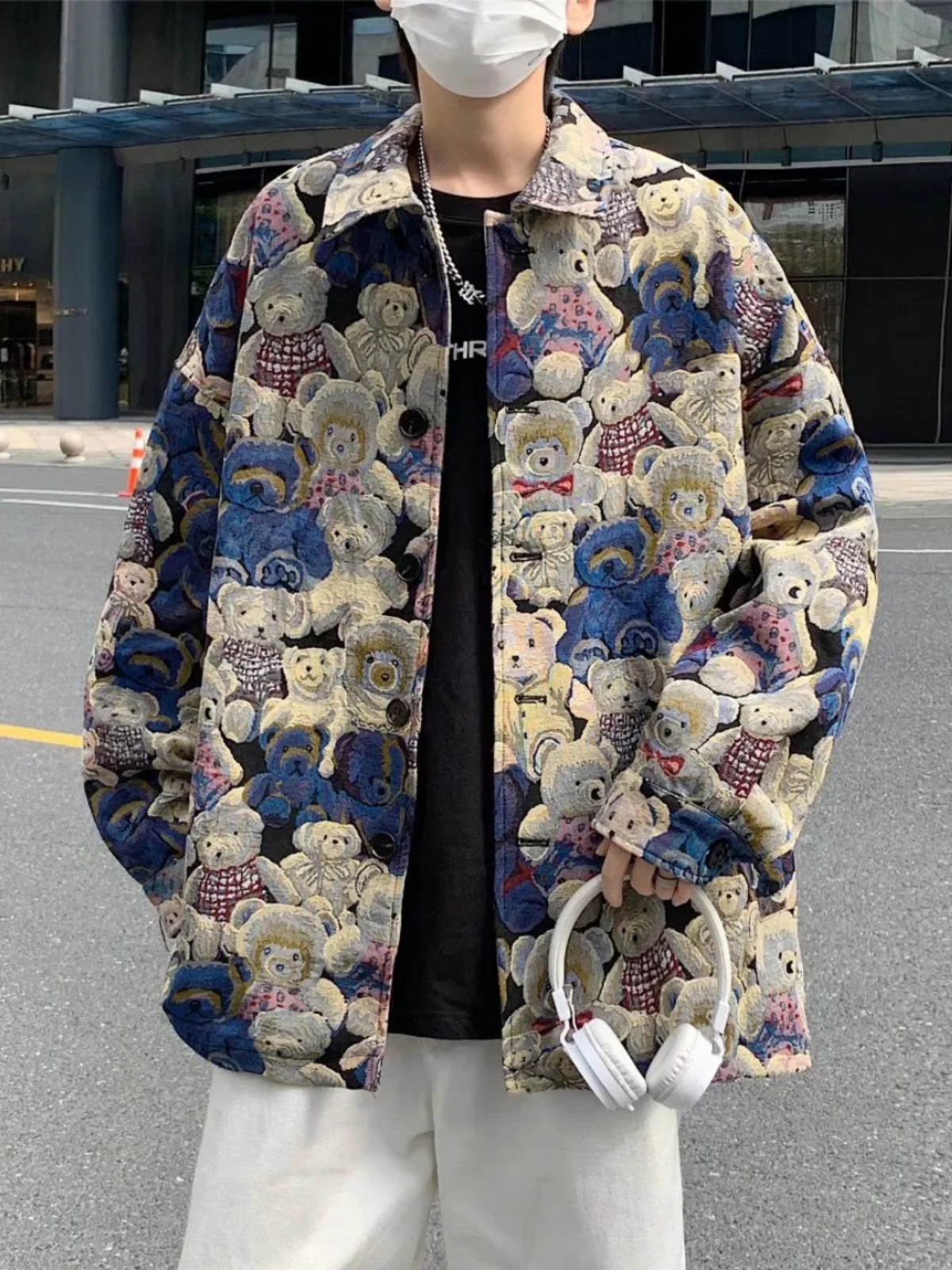 High Street Design Sense Full Printed Bear Jacket Men's Pu Shuai  Fashion Loose Handsome American Lapel Outerwear