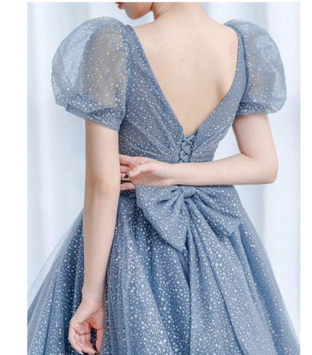 Luz azul vestido de noite de luxo 2025 outono novo estilo sonhador fada arte exame princesa vestido longo sonhador banquete vestido