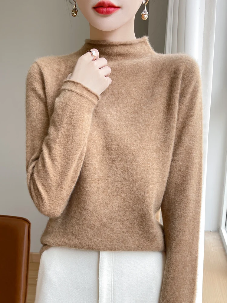 

Женский шерстяной свитер, пуловер с воротником-стойкой, осень-зима, трикотаж из 100% мериносовой шерсти с длинными рукавами, однотонная женская одежда с закрученными краями, топы