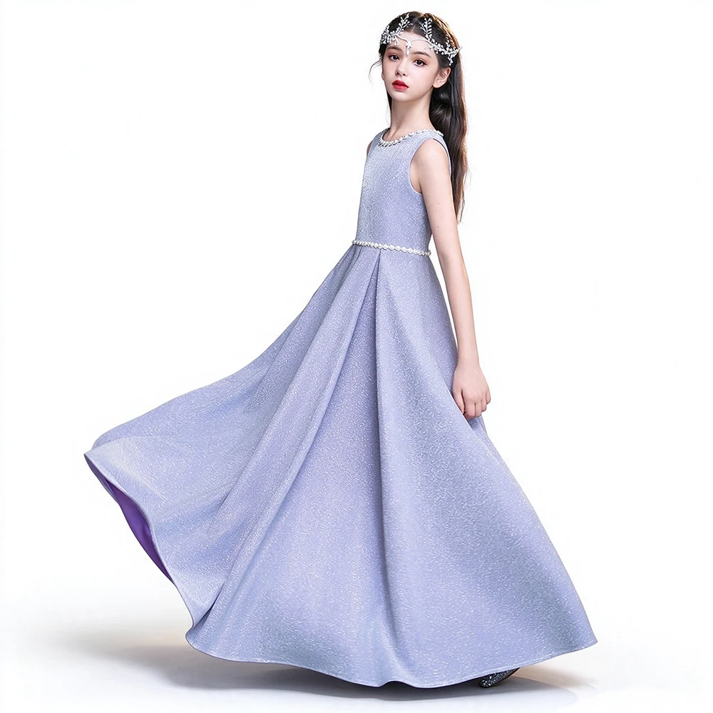 Luxury Princess Pageant Prom Evening Party Dress Lavender Sleeveless Glitter Fabric Simple Prom Banquet Birthday Gown For Girls
