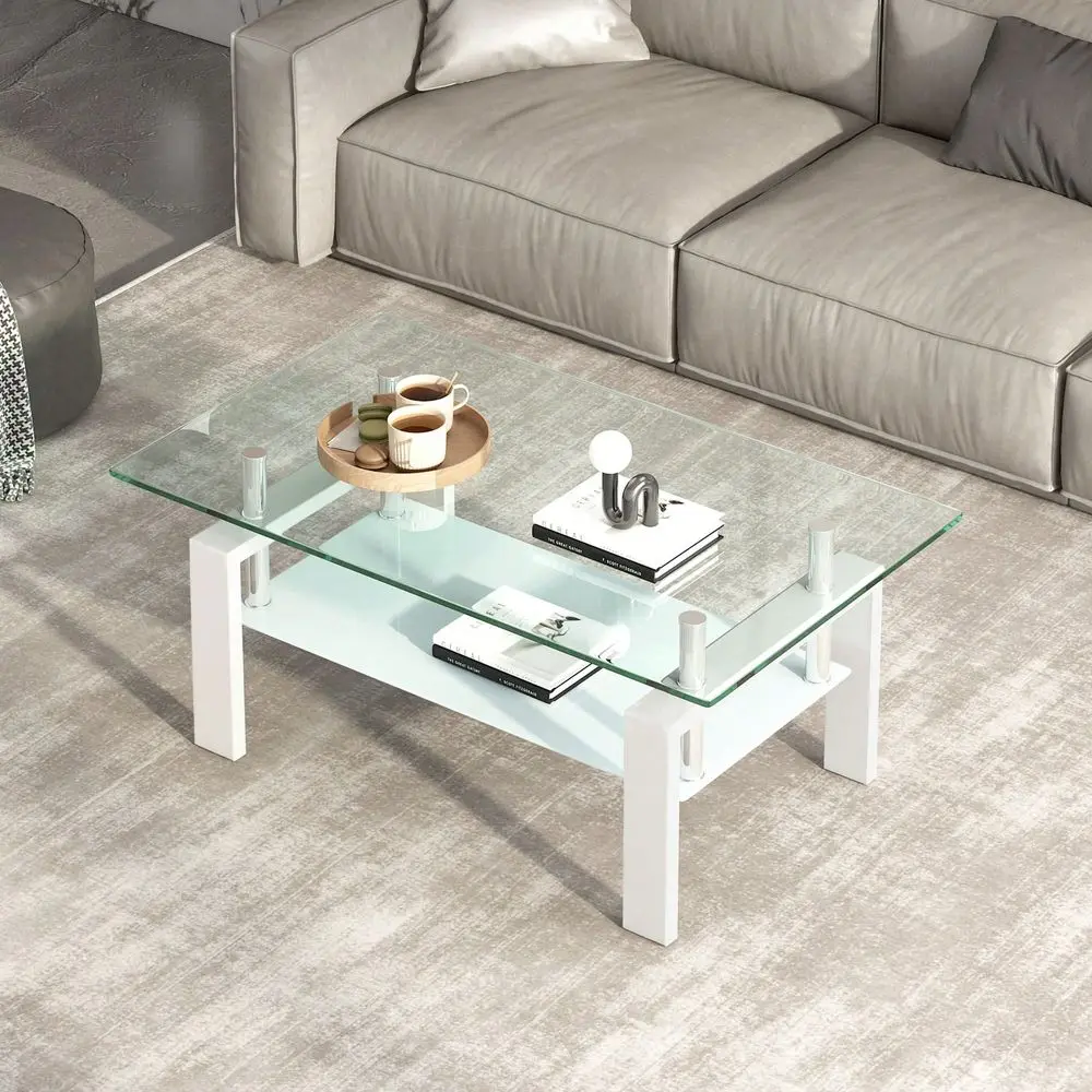 Glass Coffee Table For Living Room, Small Glass Coffee End Tables For Living Room 2 Layer Sofa Table With Metal Legs