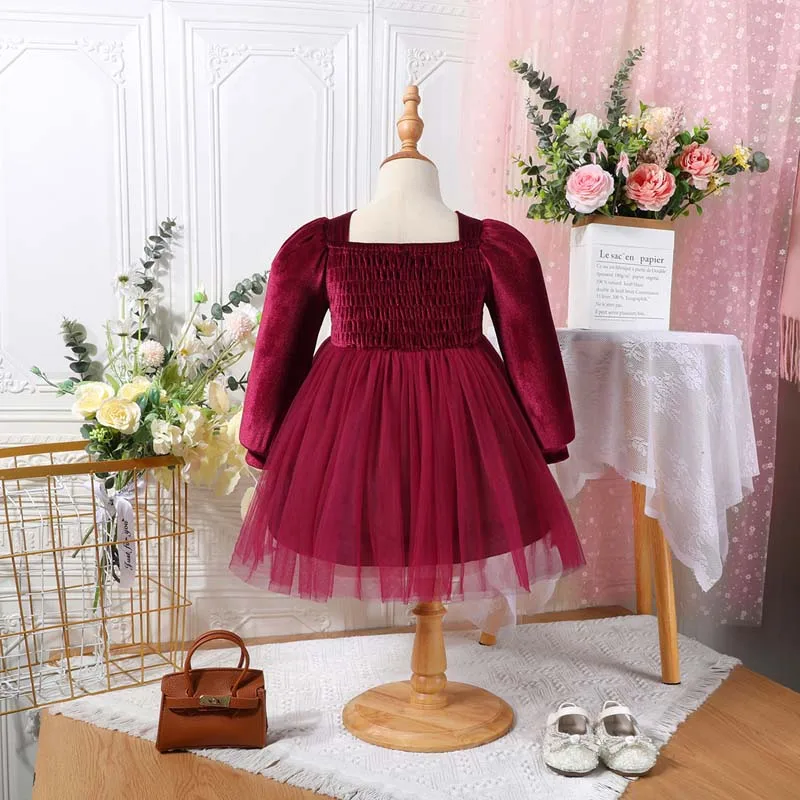 Christmas Kids Girls Dress Solid Color Square Neck Long Puff Sleeve Dress Autumn Winter Layered Tulle Casual Princess Dresses