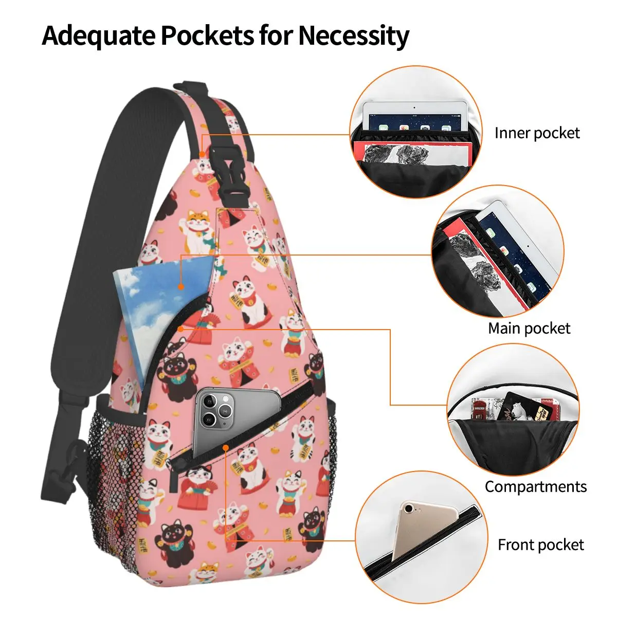 اليابانية المال القط حقيبة الصدر الرجال حبال Crossbody على ظهره حقيبة صدر للرجال السفر المشي لمسافات طويلة Daypack حقيبة كتف