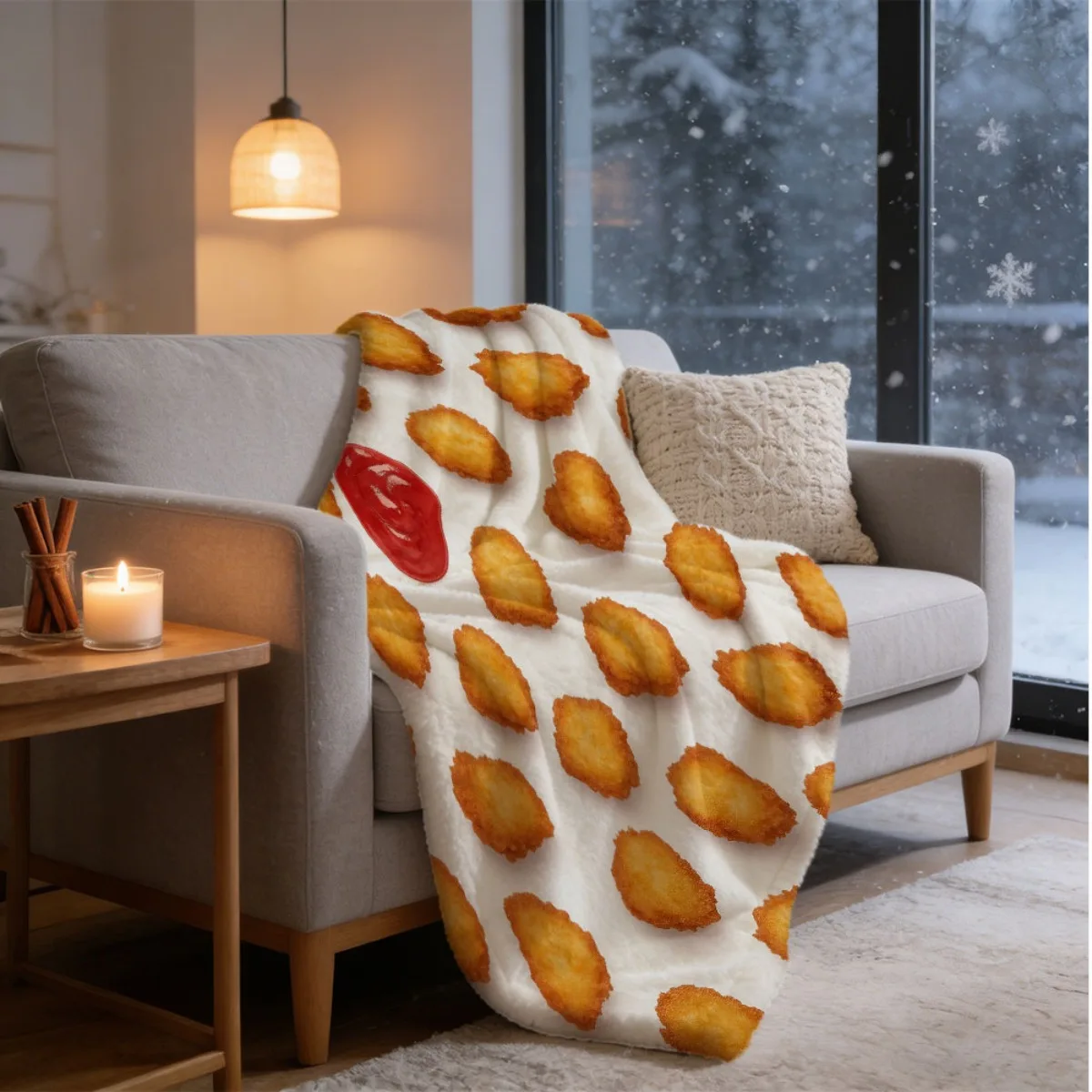 1pc Retro Chicken Nugget & Ketchup Print Flannel Throw Blanket - Soft Warm Bedspread Suitable for Couch, Bed, Travel | Machine W
