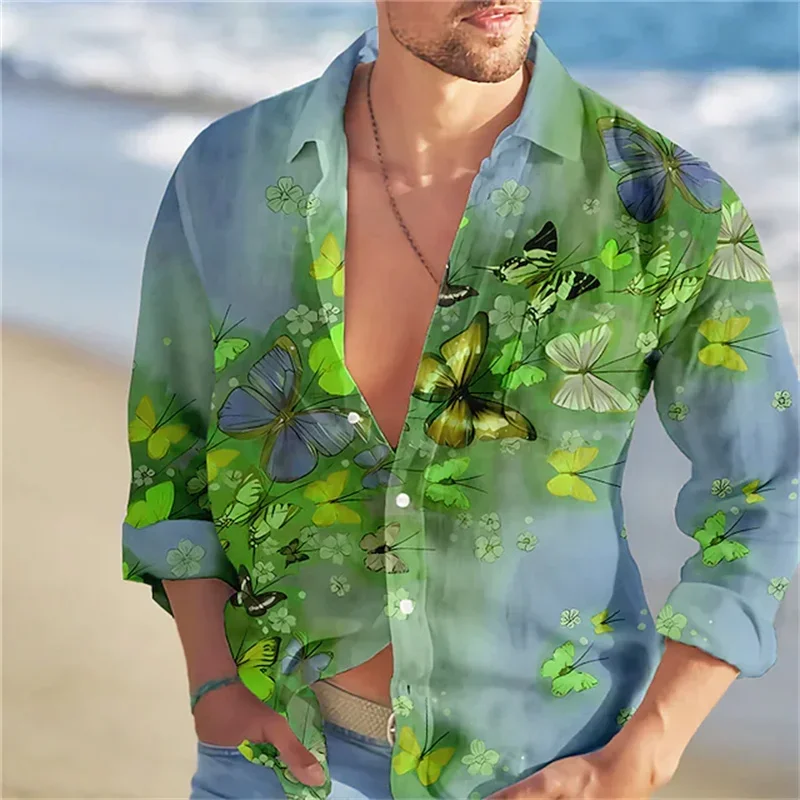 High-end shirts Hawaiian shirts Butterfly printed long-sleeved single-breasted clothing fashion street versatile design 2025