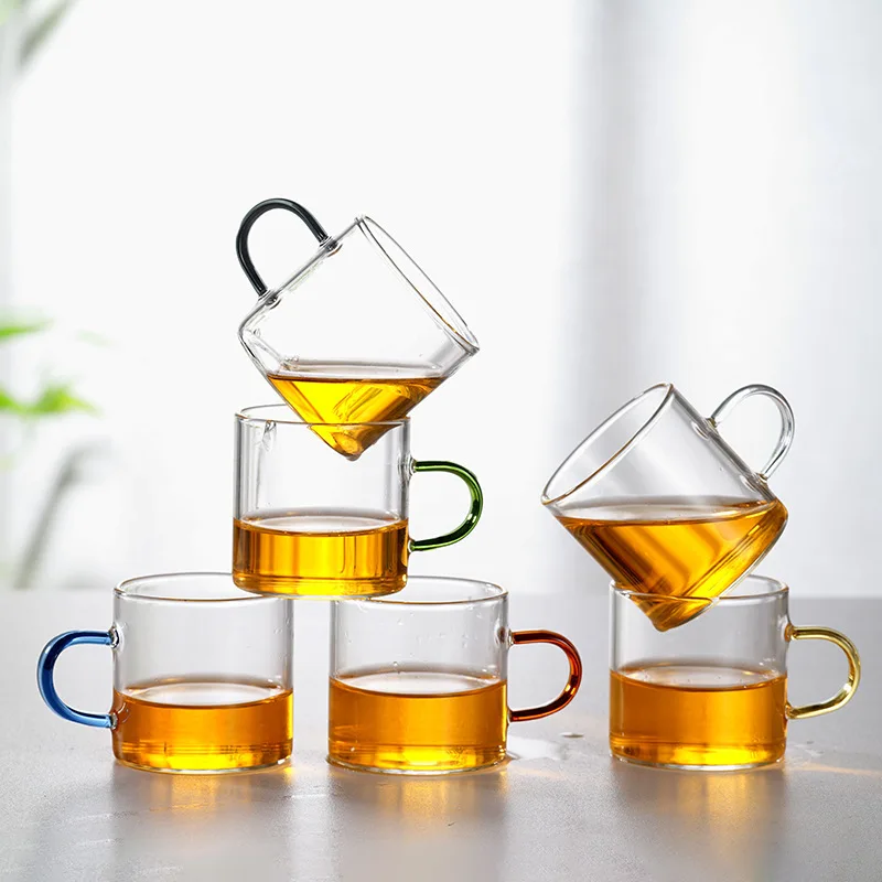 Transparent Glass Teacup with Handle, Kung Fu Tea Cup Set, Master, Thick Heat-Resistant with Handle, Green Coffee Wine Glasses