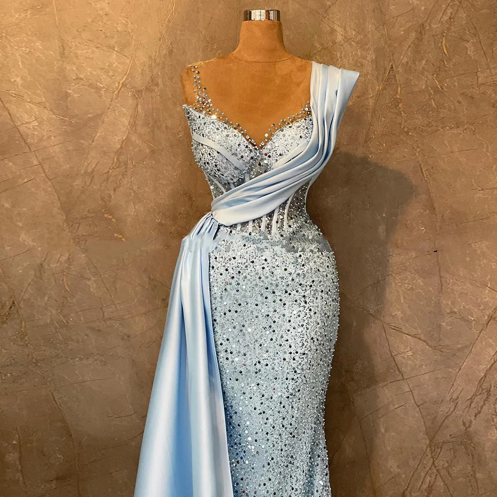 Sky Blue Shiny Mermaid Prom Party Dress Sheer O-neck Sequins Beads Sleeveless Backless Formal Evening Party Gown Elegant Vestido