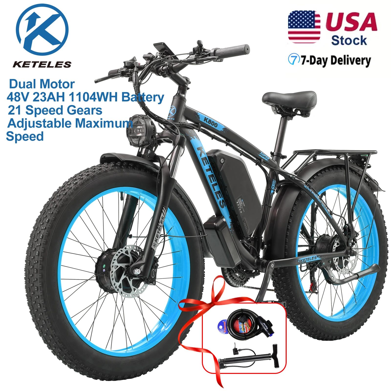 KETELES 26'' Adult Electric Bicycle 4000W Dual Motor 21-Speed E-Scooter 48V 23AH Removable Lithium Battery Brushless Motor 32mph up to 70 Miles Full Aluminum Frame Ebike